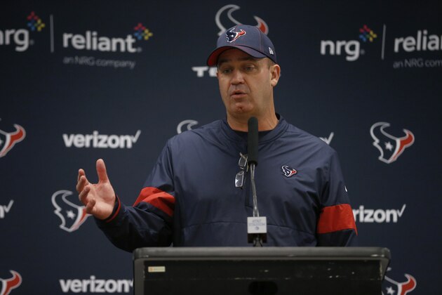 Houston Texans head coach Bill O'Brien responds to questions during a news conference after a preseason NFL football game against the Dallas Cowboys in Arlington, Texas, Saturday, Aug. 24, 2019. (AP Photo/Michael Ainsworth)