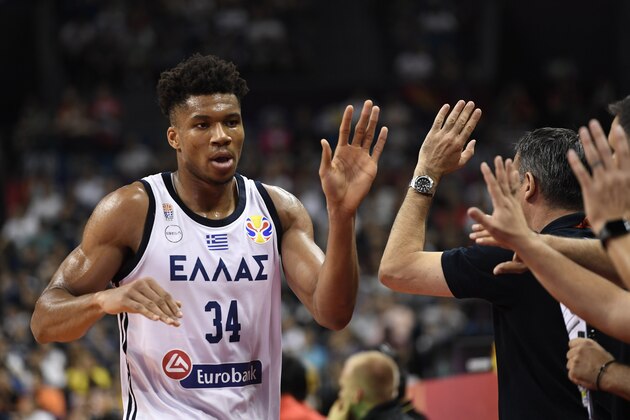 NANJING, CHINA - SEPTEMBER 01:  Giannis Antetokounmpo #34 of the Greece National Team competes during the 1st round of 2019 FIBA World Cup between the Greece National Team and the Montenegro National Team at  Nanjing Youth Olympic Sports Park Gymnasium  on September 1, 2019 in Nanjing, China.  (Photo by Zhijian Liu/Getty Images)