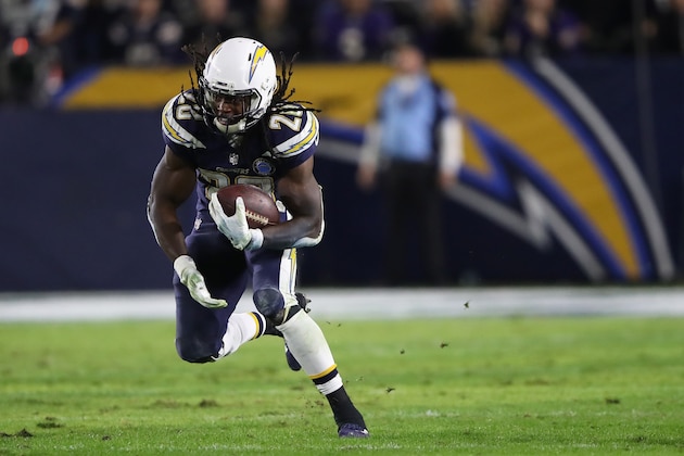 CARSON, CA - DECEMBER 22:  Melvin Gordon #28 of the Los Angeles Chargers runs the ball during the second half of a game against the Baltimore Ravens at StubHub Center on December 22, 2018 in Carson, California.  (Photo by Sean M. Haffey/Getty Images)