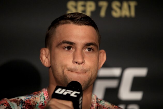 LONDON, ENGLAND - JUNE 12: Dustin Poirier reacts during a UFC 242 Press Conference at Hotel Cafe Royal on June 12, 2019 in London, England. (Photo by Marc Atkins/Zuffa LLC/Zuffa LLC)