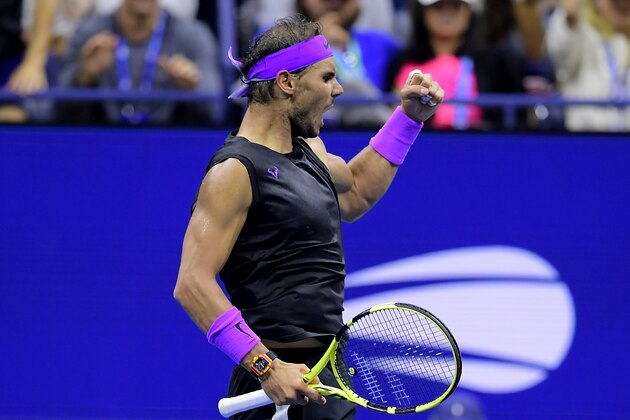NEW YORK, NEW YORK - SEPTEMBER 02:  Rafael Nadal of Spain celebrates a point during his Men's Singles fourth round match against Marin Cilic of Croatia on day eight of the 2019 US Open at the USTA Billie Jean King National Tennis Center on September 02, 2019 in Queens borough of New York City.  (Photo by Steven Ryan/Getty Images)