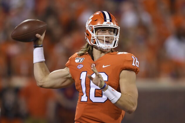 Clemson quarterback Trevor Lawrence throws a pass during an NCAA football game on Thursday, Aug. 29, 2019 in Clemson, S.C. (AP Photo/Richard Shiro)