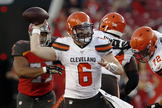 FILE - In this Friday, Aug. 23, 2019, file photo, Cleveland Browns quarterback Baker Mayfield (6) throws a pass against the Tampa Bay Buccaneers during the first half of an NFL preseason football game in Tampa, Fla. Given the many variables that go into developing an elite quarterback, Pro Football Hall of Famer Jim Kelly can't even imagine assessing what to make of last year's group of five first-round draft picks as they enter their sophomore seasons. (AP Photo/Mark LoMoglio, File)