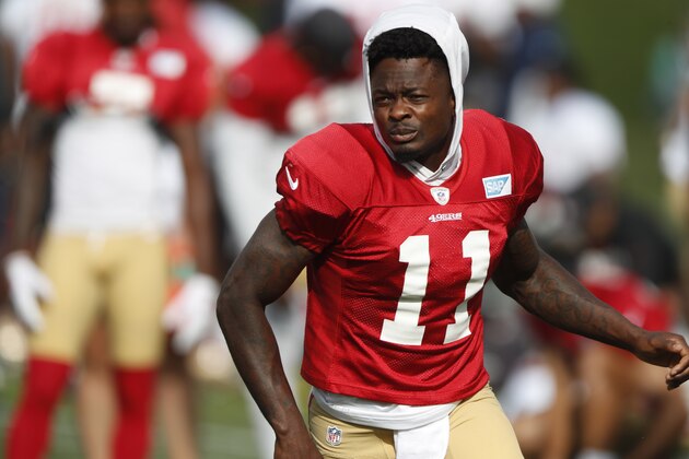 San Francisco 49ers wide receiver Marquise Goodwin (11) during a combined NFL football training camp at the Broncos' headquarters Friday, Aug. 16, 2019, in Englewood, Colo. (AP Photo/David Zalubowski)