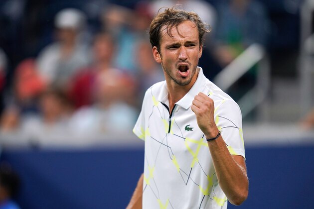 Daniil Medvedev of Russia reacts to his point against Dominik Koepfer of Germany in their Round Four Men's Singles tennis match during the 2019 US Open at the USTA Billie Jean King National Tennis Center in New York on September 1, 2019. (Photo by DOMINICK REUTER / AFP)        (Photo credit should read DOMINICK REUTER/AFP/Getty Images)