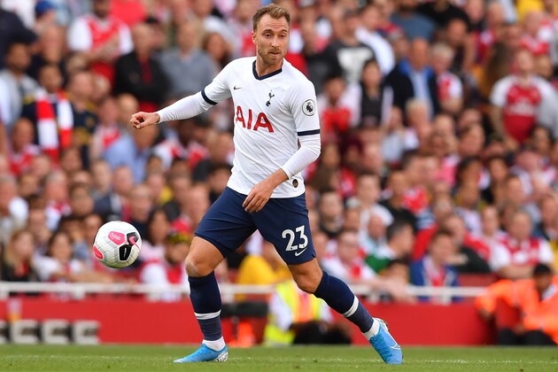 Tottenham Hotspur's Danish midfielder Christian Eriksen looks for a pass during the English Premier League football match between Arsenal and Tottenham Hotspur at the Emirates Stadium in London on September 1, 2019. (Photo by Ben STANSALL / AFP) / RESTRICTED TO EDITORIAL USE. No use with unauthorized audio, video, data, fixture lists, club/league logos or 'live' services. Online in-match use limited to 120 images. An additional 40 images may be used in extra time. No video emulation. Social media in-match use limited to 120 images. An additional 40 images may be used in extra time. No use in betting publications, games or single club/league/player publications. /         (Photo credit should read BEN STANSALL/AFP/Getty Images)