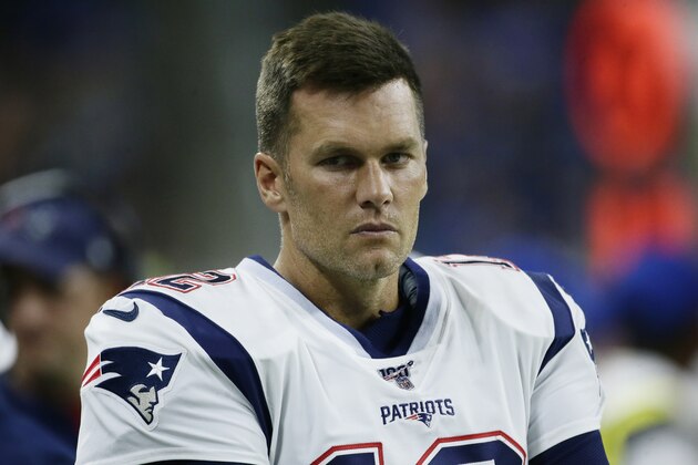 New England Patriots quarterback Tom Brady is seen in the bench area during the first half of a preseason NFL football game against the Detroit Lions, Thursday, Aug. 8, 2019, in Detroit. (AP Photo/Duane Burleson)