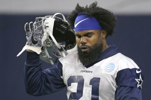 Dallas Cowboys running back Ezekiel Elliott (21) walks the field during an organized team activity at its NFL football training facility in Frisco, Texas, Wednesday, May 29, 2019. (AP Photo/Ron Jenkins)