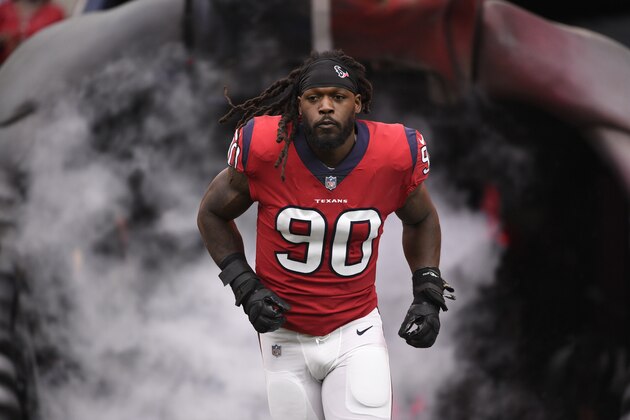 Houston Texans linebacker Jadeveon Clowney (90) before an NFL football game against the Buffalo Bills, Sunday, Oct. 14, 2018, in Houston. (AP Photo/Eric Christian Smith)