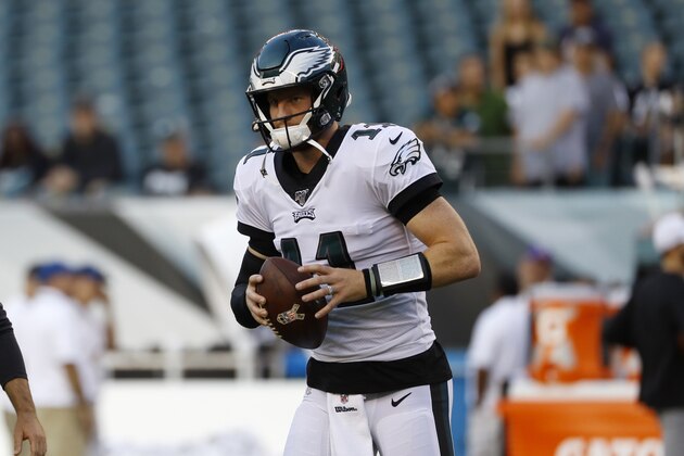 Philadelphia Eagles' Carson Wentz warms up before a preseason NFL football game against the Baltimore Ravens, Thursday, Aug. 22, 2019, in Philadelphia. (AP Photo/Michael Perez) Philadelphia Eagles' Carson Wentz warms up before a preseason NFL football game against the Baltimore Ravens, Thursday, Aug. 22, 2019, in Philadelphia. (AP Photo/Michael Perez)