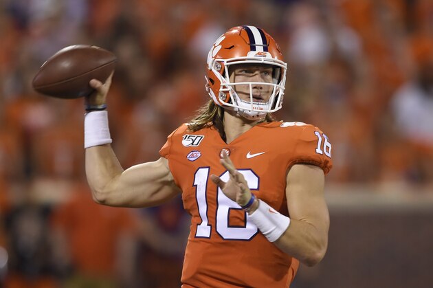 Clemson quarterback Trevor Lawrence throws a pass during an NCAA football game on Thursday, Aug. 29, 2019 in Clemson, S.C. (AP Photo/Richard Shiro)