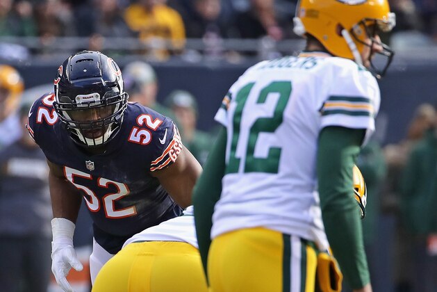 CHICAGO, IL - DECEMBER 16:   Khalil Mack #52 of the Chicago Bears awaits the snap against Aaron Rodgers #12 of the Green Bay Packers at Soldier Field on December 16, 2018 in Chicago, Illinois. (Photo by Jonathan Daniel/Getty Images)