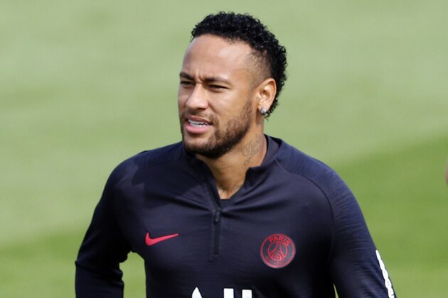 PSG's Neymar attends a training session at Camp des Loges in Saint Germain en Laye, outside Paris, France, Saturday, Aug. 10, 2019. (AP Photo/Francois Mori)