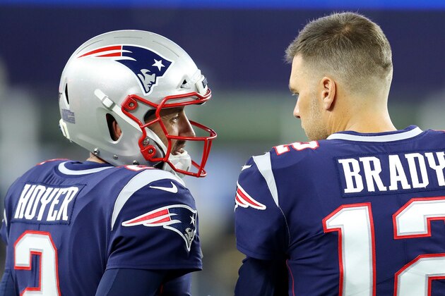 FOXBOROUGH, MASSACHUSETTS - AUGUST 29: Tom Brady #12 of the New England Patriots talks with Brian Hoyer #2 during the preseason game between the New York Giants and the New England Patriots at Gillette Stadium on August 29, 2019 in Foxborough, Massachusetts. (Photo by Maddie Meyer/Getty Images)
