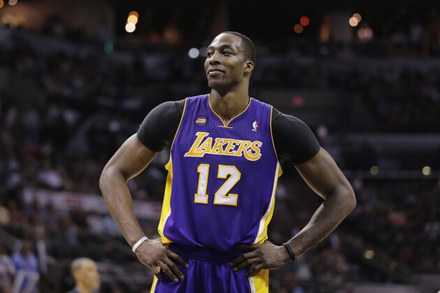 Los Angeles Lakers' Dwight Howard during the second half of Game 1 of an NBA playoffs basketball game against the San Antonio Spurs, Sunday, April 21, 2013, in San Antonio. San Antonio won 91-79. (AP Photo/Eric Gay)