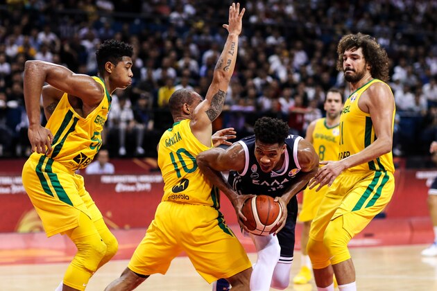 NANJING, CHINA - SEPTEMBER 03: Antetokounmpo Giannis(2nd R) #34 of Greece in action during 2nd round Group F match between Greece and Brazil of 2019 FIBA World Cup at Nanjing Youth Olympic Sports Park Gymnasium on September 03, 2019 in Nanjing, China. (Photo by Shi Tang/Getty Images)