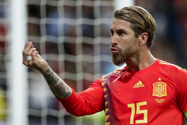 MADRID, SPAIN - JUNE 10: Sergio Ramos of Spain celebrates goal 1-0 during the  EURO Qualifier match between Spain  v Sweden  at the Estadio Santiago Bernabeu on June 10, 2019 in Madrid Spain (Photo by David S. Bustamante/Soccrates/Getty Images)