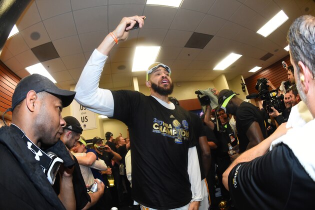 OAKLAND, CA - JUNE 12:  JaVale McGee #1 of the Golden State Warriors celebrates in the locker room after winning the NBA Championship in Game Five of the 2017 NBA Finals against the Cleveland Cavaliers on June 12, 2017 at ORACLE Arena in Oakland, California. NOTE TO USER: User expressly acknowledges and agrees that, by downloading and/or using this photograph, user is consenting to the terms and conditions of Getty Images License Agreement. Mandatory Copyright Notice: Copyright 2017 NBAE (Photo by Andrew D. Bernstein/NBAE via Getty Images)