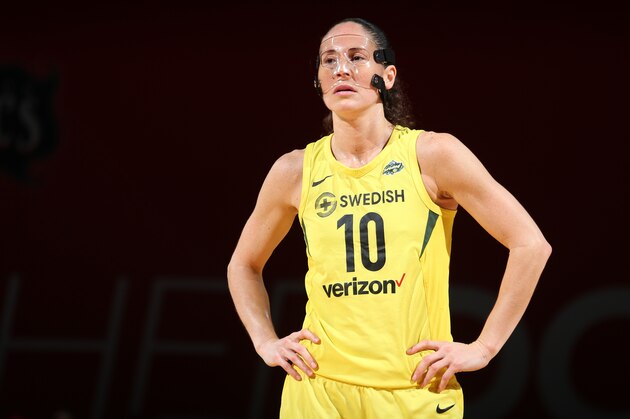 FAIRFAX, VA - SEPTEMBER 12:  Sue Bird #10 of the Seattle Storm looks on during the game against the Washington Mystics in Game Three of the 2018 WNBA Finals on September 12, 2018 at Eaglebank Arena at George Mason University in Fairfax, VA. NOTE TO USER: User expressly acknowledges and agrees that, by downloading and or using this photograph, User is consenting to the terms and conditions of the Getty Images License Agreement. Mandatory Copyright Notice: Copyright 2018 NBAE (Photo by Ned Dishman/NBAE via Getty Images)
