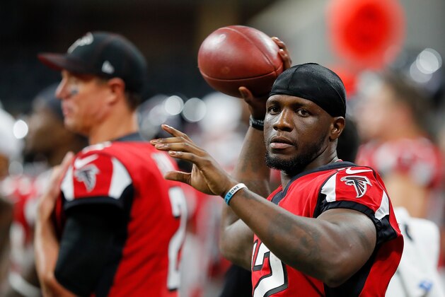 ATLANTA, GEORGIA - AUGUST 15: Mohamed Sanu #12 of the Atlanta Falcons throws a football on the bench against the New York Jets during the second half of a preseason game at Mercedes-Benz Stadium on August 15, 2019 in Atlanta, Georgia. (Photo by Kevin C. Cox/Getty Images) ATLANTA, GEORGIA - AUGUST 15: Mohamed Sanu #12 of the Atlanta Falcons throws a football on the bench against the New York Jets during the second half of a preseason game at Mercedes-Benz Stadium on August 15, 2019 in Atlanta, Georgia. (Photo by Kevin C. Cox/Getty Images)