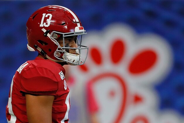 ATLANTA, GEORGIA - AUGUST 31: Tua Tagovailoa #13 of the Alabama Crimson Tide warms up prior to facing the Duke Blue Devils at Mercedes-Benz Stadium on August 31, 2019 in Atlanta, Georgia. (Photo by Kevin C. Cox/Getty Images) ATLANTA, GEORGIA - AUGUST 31: Tua Tagovailoa #13 of the Alabama Crimson Tide warms up prior to facing the Duke Blue Devils at Mercedes-Benz Stadium on August 31, 2019 in Atlanta, Georgia. (Photo by Kevin C. Cox/Getty Images)