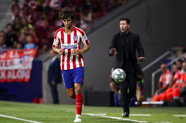 MADRID, SPAIN - AUGUST 18: (L-R) Joao Felix of Atletico Madrid, coach Diego Simeone of Atletico Madrid during the La Liga Santander  match between Atletico Madrid v Getafe at the Estadio Wanda Metropolitano on August 18, 2019 in Madrid Spain (Photo by David S. Bustamante/Soccrates/Getty Images)