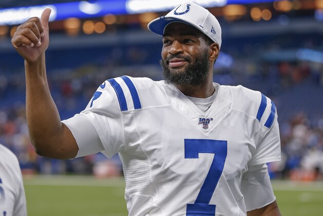 INDIANAPOLIS, IN - AUGUST 17: Jacoby Brissett #7 of the Indianapolis Colts is seen after the game against the Cleveland Browns at Lucas Oil Stadium on August 17, 2019 in Indianapolis, Indiana. (Photo by Michael Hickey/Getty Images)