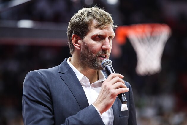 GUANGZHOU, CHINA - SEPTEMBER 02: Dirk Nowitzki accepts the interview during the 2019 FIBA World Cup, first round match between Puerto Rico and Spain at Guangzhou Gymnasium on September 02, 2019 in Guangzhou, China. (Photo by Zhizhao Wu/Getty Images)