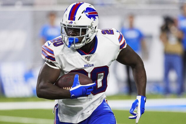 Buffalo Bills running back Frank Gore (20) rushes against the Detroit Lions during an NFL preseason football game in Detroit, Friday, Aug. 23, 2019. (AP Photo/Rick Osentoski)