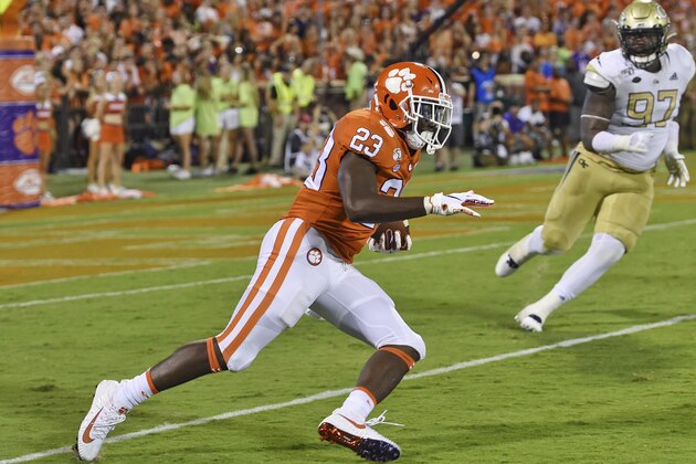 Clemson's Lynn-J Dixon rushes during the first half of an NCAA college football game against Georgia Tech Thursday, Aug. 29, 2019, in Clemson, S.C. Clemson won 52-14. (AP Photo/Richard Shiro)