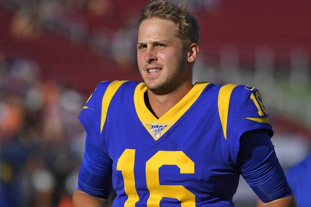 Los Angeles Rams quarterback Jared Goff walks on the field prior to a preseason NFL football game against the Denver Broncos Saturday, Aug. 24, 2019, in Los Angeles. (AP Photo/Mark J. Terrill)