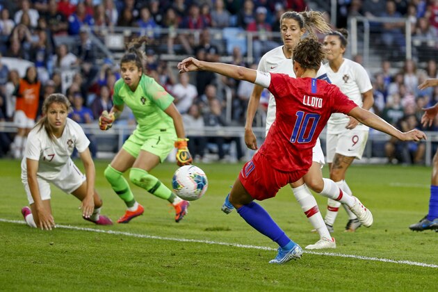 United States' Carli Lloyd scores a goal against Portugal during the first half of a friendly soccer match Tuesday, Sept. 3, 2019, in St. Paul, Minn. (AP Photo/Bruce Kluckhohn)