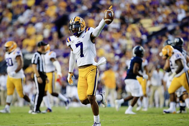 BATON ROUGE, LOUISIANA - AUGUST 31: Safety Grant Delpit #7 of the LSU Tigers reacts during the game against Georgia Southern Eagles at Tiger Stadium on August 31, 2019 in Baton Rouge, Louisiana. (Photo by Marianna Massey/Getty Images)