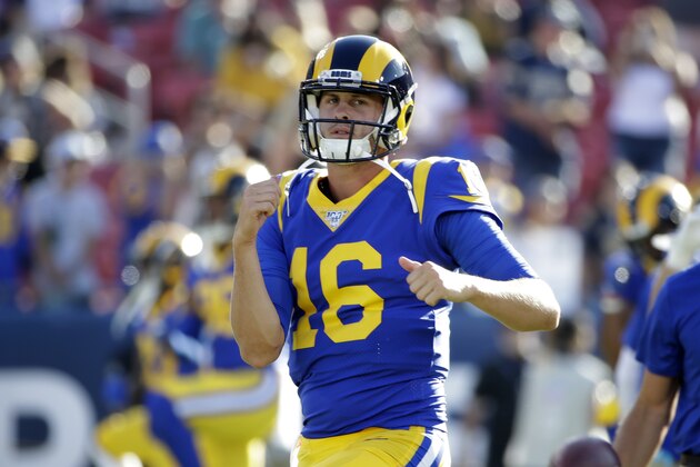 Los Angeles Rams quarterback Jared Goff (16) during an NFL preseason football game against the Denver Broncos, Saturday, Aug. 24, 2019, in Los Angeles. (AP Photo/Rick Scuteri)
