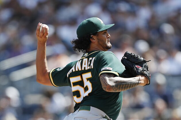 Oakland Athletics starting pitcher Sean Manaea winds up in a baseball game against the New York Yankees, Sunday, Sept. 1, 2019, in New York. (AP Photo/Kathy Willens)