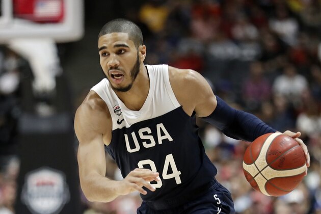 FILE - In this Aug. 16, 2019, file photo, United States' Jayson Tatum is shown during the second half of an exhibition basketball game against Spain in Anaheim, Calif. The Boston Celtics will have at least three and possibly four players on the final 12-man roster that USA Basketball will take to China next week for the FIBA World Cup. So these Team USA practices have been a get-to-know-you bonus of sorts for new Celtics guard Kemba Walker and Boston teammates Jayson Tatum, Jaylen Brown and Marcus Smart. (AP Photo/Marcio Jose Sanchez, File)