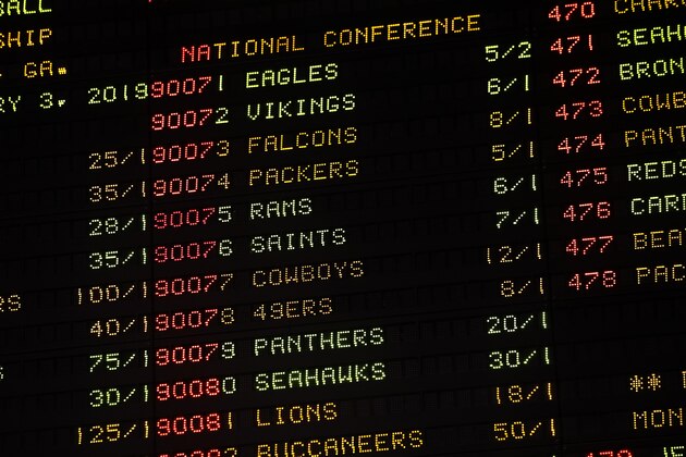 NFL football betting odds are displayed on a board, Tuesday, June 5, 2018, inside the Race and Sports Book at Dover Downs Hotel and Casino in Dover, Del. The market for legal sports gambling in the United States widened significantly on Tuesday with the expansion of single-game sports bets in Delaware, less than a month after the U.S. Supreme Court cleared the way for states to accept the bets. (AP Photo/Patrick Semansky)