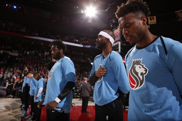 PORTLAND, OR - APRIL 10: The Sacramento Kings looks on during the national anthem before the game against the Portland Trail Blazers on April 10, 2019 at the Moda Center Arena in Portland, Oregon. NOTE TO USER: User expressly acknowledges and agrees that, by downloading and or using this photograph, user is consenting to the terms and conditions of the Getty Images License Agreement. Mandatory Copyright Notice: Copyright 2019 NBAE (Photo by Cameron Browne/NBAE via Getty Images)