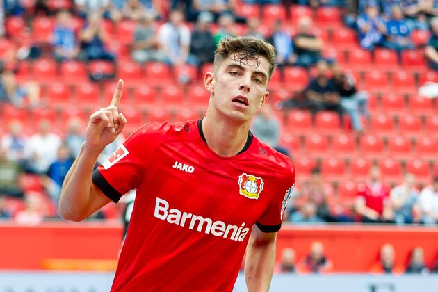 LEVERKUSEN, GERMANY - AUGUST 17: Kai Havertz of Bayer 04 Leverkusen celebrates after scoring his team's second goal during the Bundesliga match between Bayer 04 Leverkusen and SC Paderborn 07 at BayArena on August 17, 2019 in Leverkusen, Germany. (Photo by TF-Images/Getty Images)