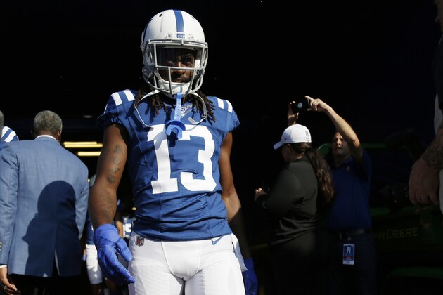 Indianapolis Colts' T.Y. Hilton arrives to the field for warm-ups before an NFL pre-season football game against the Buffalo Bills, Thursday, Aug. 8, 2019, in Orchard Park, N.Y. (AP Photo/Seth Wenig)