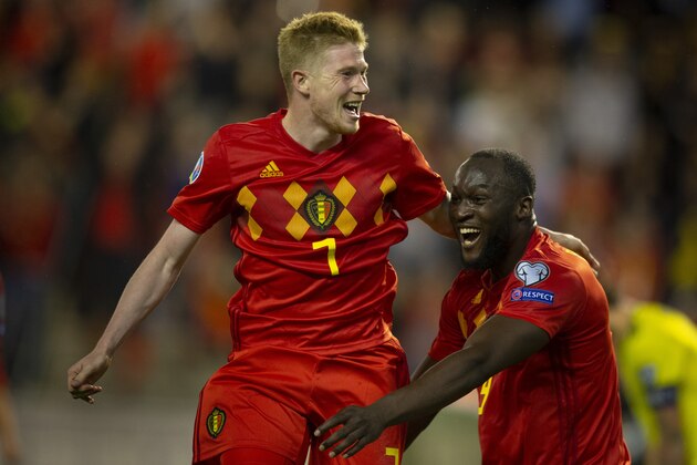 BRUSSELS, BELGIUM - JUNE 11: Kevin De Bruyne of Belgium celebrates after scoring a goal with Romelu Lukaku of Belgium during the 2020 UEFA European Championships group I qualifying match between Belgium and Scotland at King Baudouin Stadium on June 11, 2019 in Brussels, Belgium. (Photo by Frank Abbeloos/Isosport/MB Media/Getty Images)
