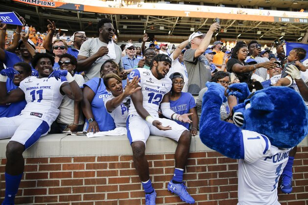 KNOXVILLE, TENNESSEE - AUGUST 31: Tyler Gore #12 of the Georgia State Panthers celebrates defeating the Tennessee Volunteers during the season opener at Neyland Stadium on August 31, 2019 in Knoxville, Tennessee. (Photo by Silas Walker/Getty Images)
