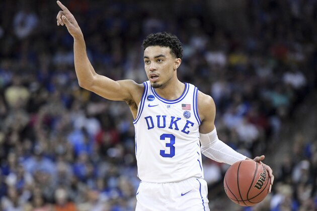 Duke guard Tre Jones (3) calls a play during the first half of a second-round game in the NCAA men's college basketball tournament Sunday, March 24, 2019, in Columbia, S.C. Duke defeated Central Florida 77-76. (AP Photo/Sean Rayford)