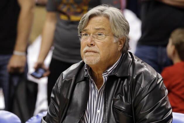 Miami Heat owner Mickey Arison watches as the team prepares for Game 3 of the NBA Eastern Conference basketball playoff finals against the Indiana Pacers in Indianapolis, Sunday, May 26, 2013. (AP Photo/Nam H. Huh)
