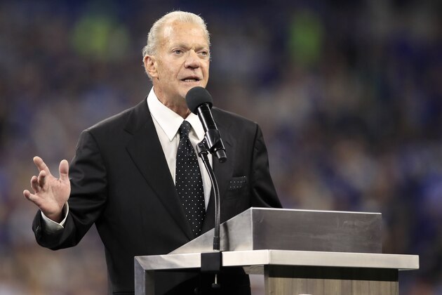 INDIANAPOLIS, INDIANA - NOVEMBER 18: Jim Irsay the owner of the Indaianpolis Colts speaks to the fans at Reggie Wayne's induction to the Ring of Honor at Lucas Oil Stadium on November 18, 2018 in Indianapolis, Indiana. (Photo by Andy Lyons/Getty Images)