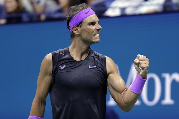 Rafael Nadal, of Spain, reacts after winning the first set against Diego Schwartzman, of Argentina, during the quarterfinals of the U.S. Open tennis tournament Wednesday, Sept. 4, 2019, in New York. (AP Photo/Seth Wenig)