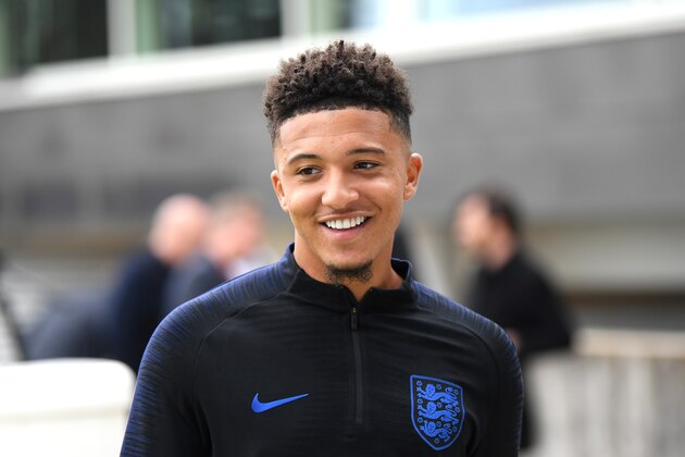 BURTON-UPON-TRENT, ENGLAND - SEPTEMBER 02: Jadon Sancho smiles during an England Media Access day at St Georges Park on September 02, 2019 in Burton-upon-Trent, England. (Photo by Michael Regan/Getty Images)