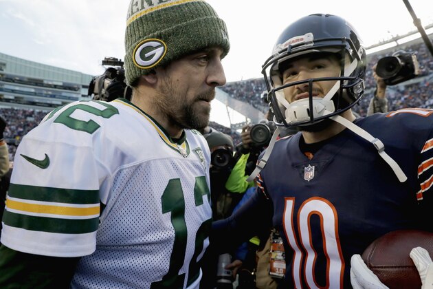 Green Bay Packers quarterback Aaron Rodgers (12) talks to Chicago Bears quarterback Mitchell Trubisky (10) after an NFL football game Sunday, Dec. 16, 2018, in Chicago. The Bears won 24-17. (AP Photo/Nam Y. Huh)