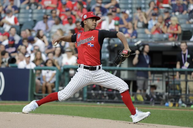 Deivi Garcia, of the New York Yankees, throws during the first inning of the MLB All-Star Futures baseball game, Sunday, July 7, 2019, in Cleveland. The MLB baseball All-Star Game is to be played Tuesday. (AP Photo/Darron Cummings)