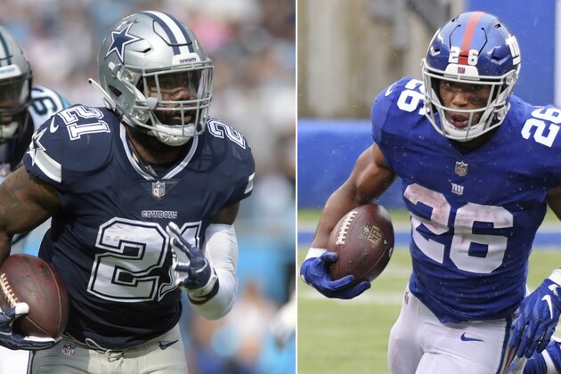 FILE - At left, in a Sept. 9, 2018, file photo, Dallas Cowboys' Ezekiel Elliott runs against the Carolina Panthers during the first half of an NFL football game in Charlotte, N.C. At right, also in a Sept. 9, 2018, file photo, New York Giants' Saquon Barkley (26) runs against the Jacksonville Jaguars during the second half of an NFL football game in East Rutherford, N.J. It will be the first pro meeting between the new NFC East rivals and the top running backs chosen in two of the past three drafts. Elliott, the fourth overall pick before leading the NFL in rushing as a rookie in 2016 for the Cowboys, also opposed Barkley, this year’s No. 2 pick by the Giants, in college. They were Big Ten rivals at Ohio State (Elliott) and Penn State (Barkley).(AP Photo/File)